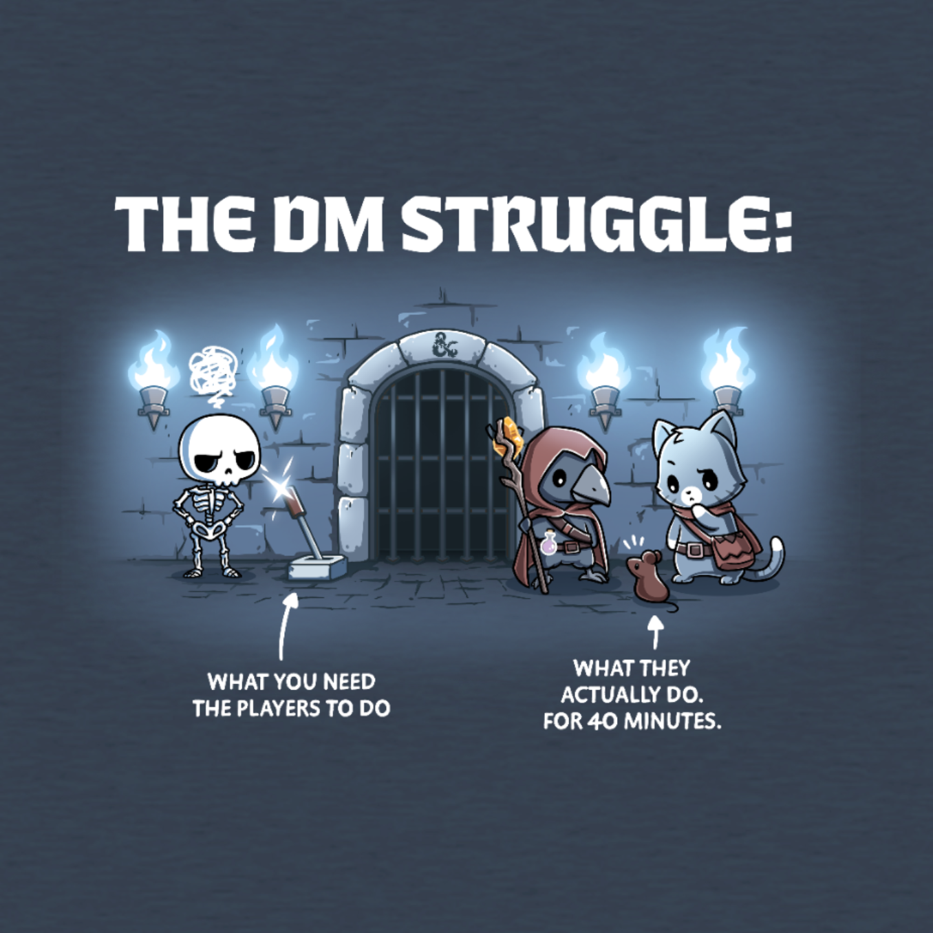 Classic Cotton T-shirt_TeeTurtle heather navy The DM Struggle Classic Cotton T-shirt featuring a grumpy skeleton standing next to a glowing lever and two player characters nearby talking to a rat. Under the skeleton is the text "what you need the players to do" and under the players is the text "what they actually do. for 40 minutes." 