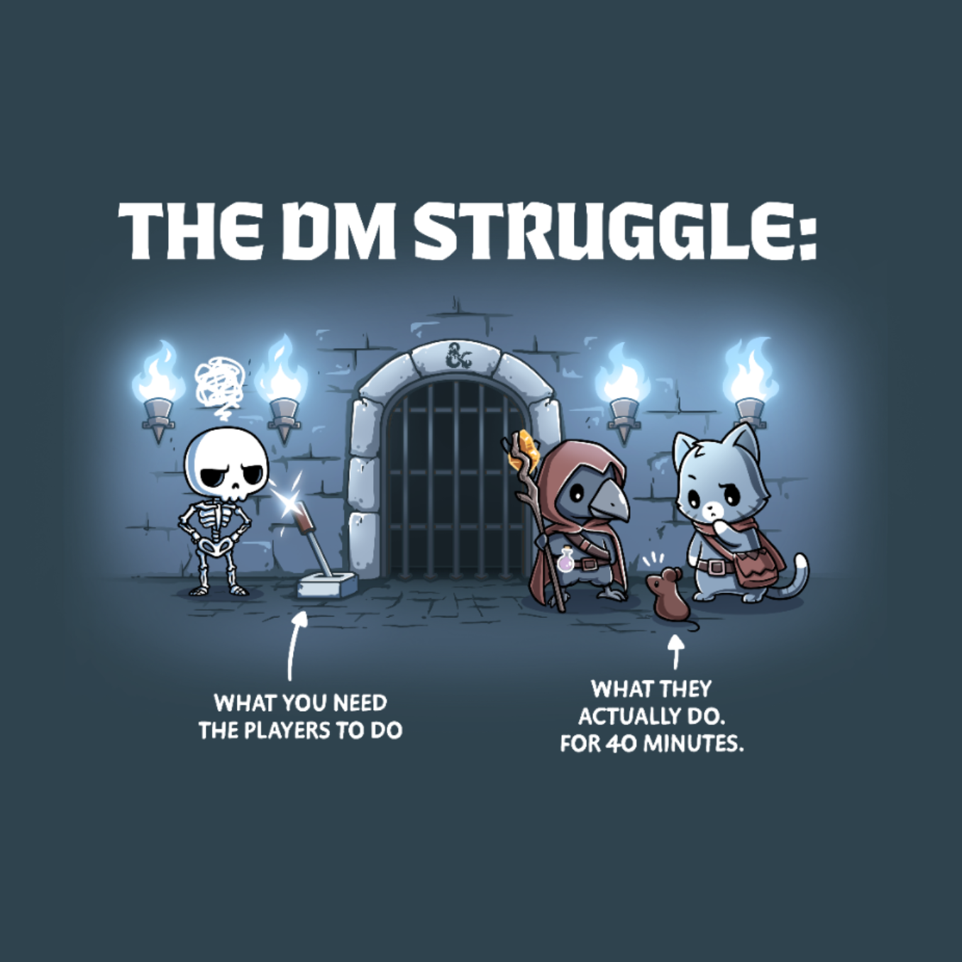 Women's Premium T-Shirt_TeeTurtle denim blue The DM Struggle Premium Cotton T-shirt featuring a grumpy skeleton standing next to a glowing lever and two player characters nearby talking to a rat. Under the skeleton is the text "what you need the players to do" and under the players is the text "what they actually do. for 40 minutes." 