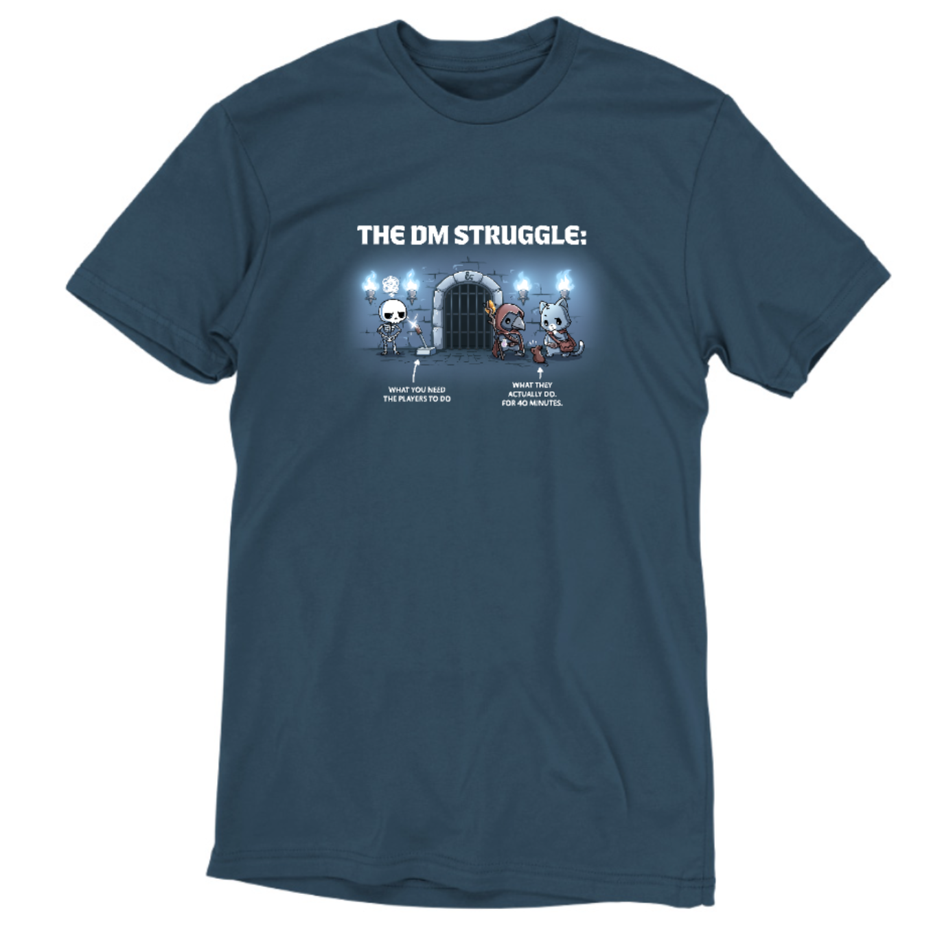 Premium Cotton T-shirt_TeeTurtle denim blue The DM Struggle Premium Cotton T-shirt featuring a grumpy skeleton standing next to a glowing lever and two player characters nearby talking to a rat. Under the skeleton is the text "what you need the players to do" and under the players is the text "what they actually do. for 40 minutes." 