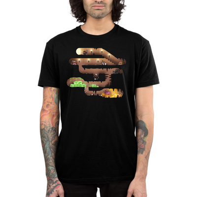 Premium Cotton T-shirt_TeeTurtle black Dungeon Pathway Premium Cotton T-shirt featuring a side-scroller inspired dungeon path with a hero, chest, mimic, gelatinous cube and other threats blocking the path to the treasure at the end