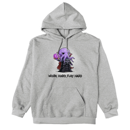 Pullover Hoodie_TeeTurtle heather gray Pullover Hoodie featuring a purple mind flayer holding a brain with the words "work hard, flay hard" underneath
