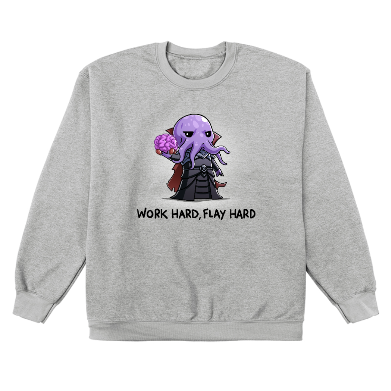 Crew Neck Sweatshirt_TeeTurtle heather gray Crew Neck Sweatshirt featuring a purple mind flayer holding a brain with the words "work hard, flay hard" underneath