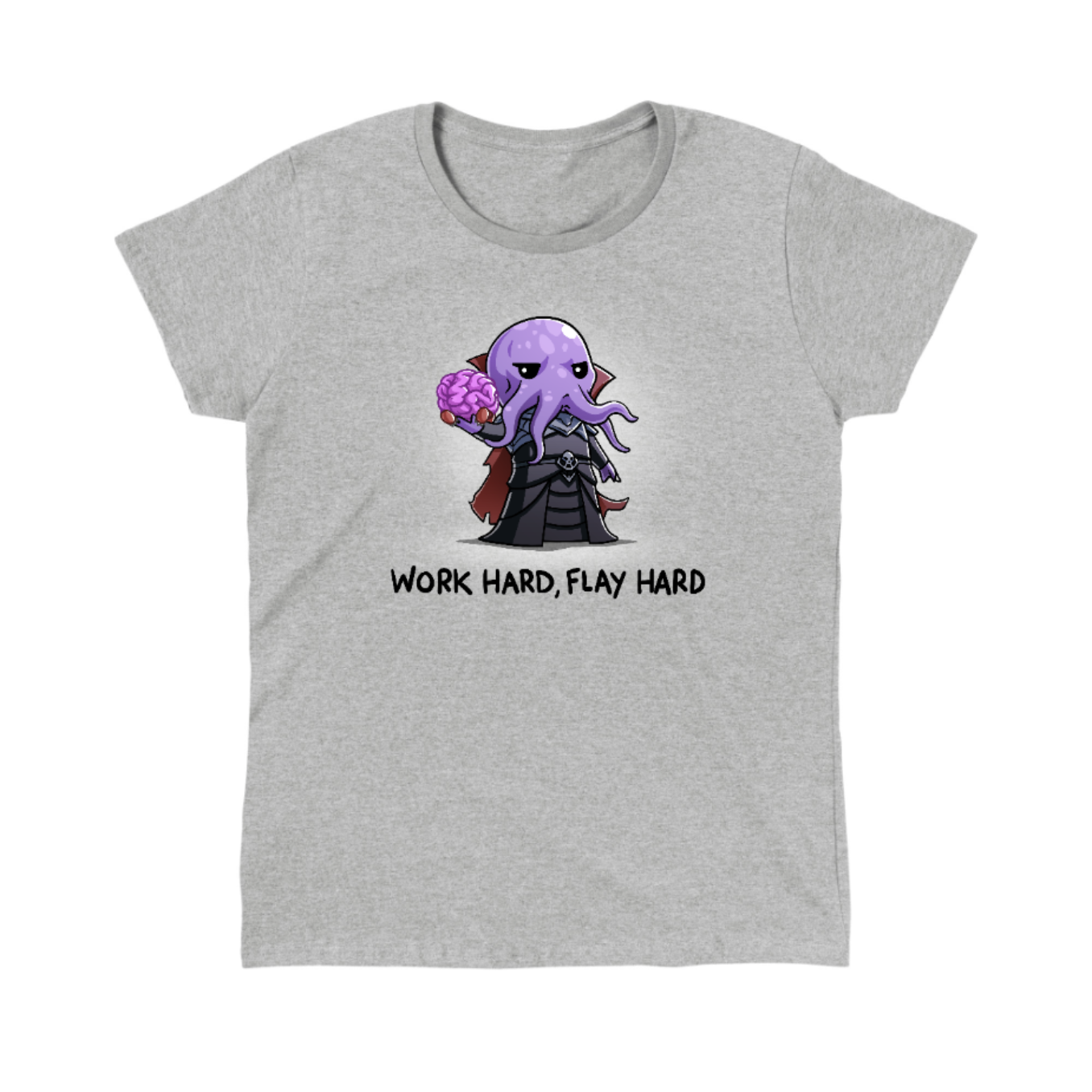 Classic Cotton T-shirt_TeeTurtle heather gray Classic Cotton T-shirt featuring a purple mind flayer holding a brain with the words "work hard, flay hard" underneath
