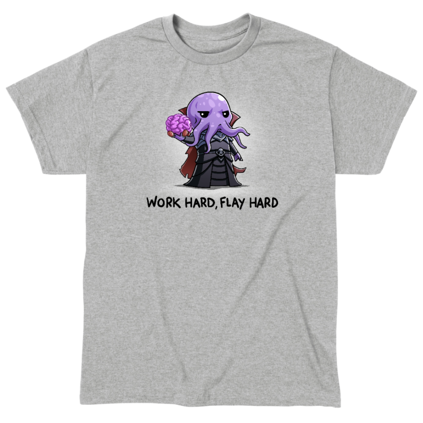 Classic Cotton T-shirt_TeeTurtle heather gray Classic Cotton T-shirt featuring a purple mind flayer holding a brain with the words "work hard, flay hard" underneath