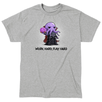 Classic Cotton T-shirt_TeeTurtle heather gray Classic Cotton T-shirt featuring a purple mind flayer holding a brain with the words "work hard, flay hard" underneath