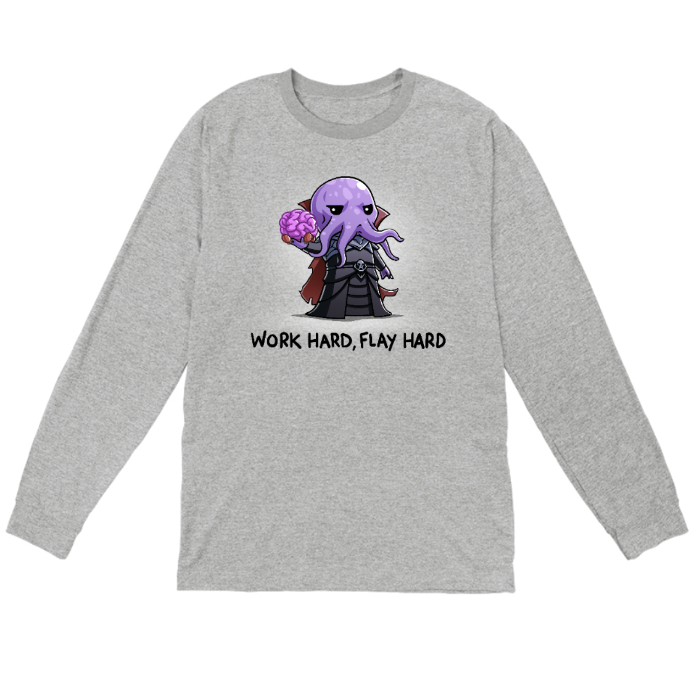 Long Sleeve T-shirt_TeeTurtle heather gray Long Sleeve T-shirt featuring a purple mind flayer holding a brain with the words "work hard, flay hard" underneath