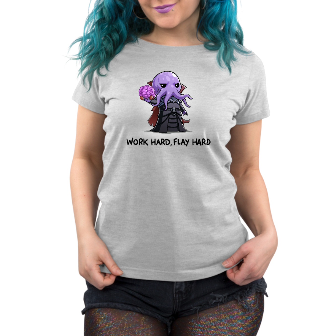 Premium Cotton T-shirt_TeeTurtle silver Premium Cotton T-shirt featuring a purple mind flayer holding a brain with the words "work hard, flay hard" underneath