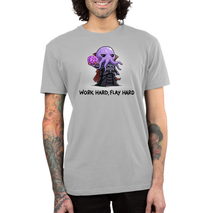 Premium Cotton T-shirt_TeeTurtle silver Premium Cotton T-shirt featuring a purple mind flayer holding a brain with the words "work hard, flay hard" underneath