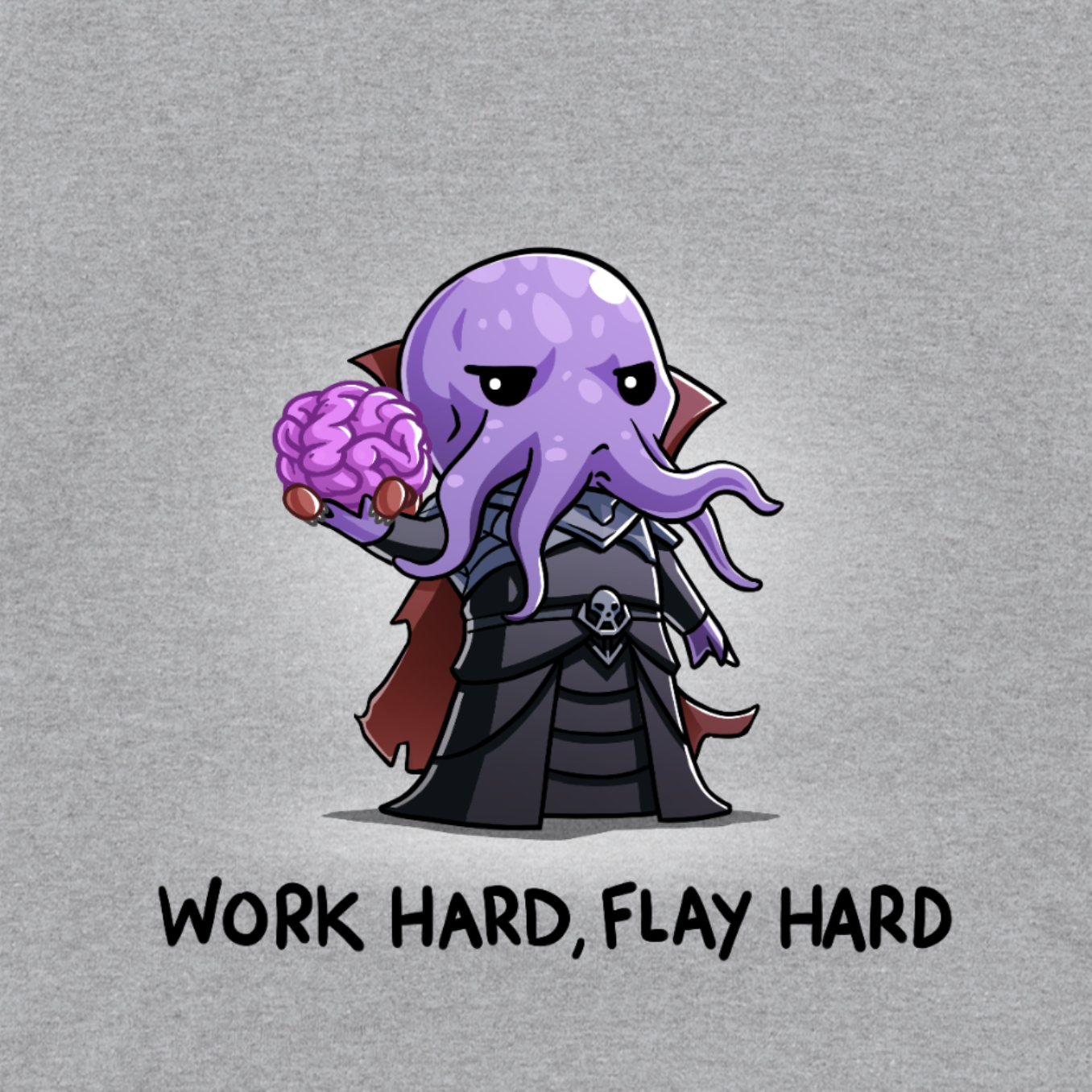 Crew Neck Sweatshirt_TeeTurtle heather gray Crew Neck Sweatshirt featuring a purple mind flayer holding a brain with the words "work hard, flay hard" underneath
