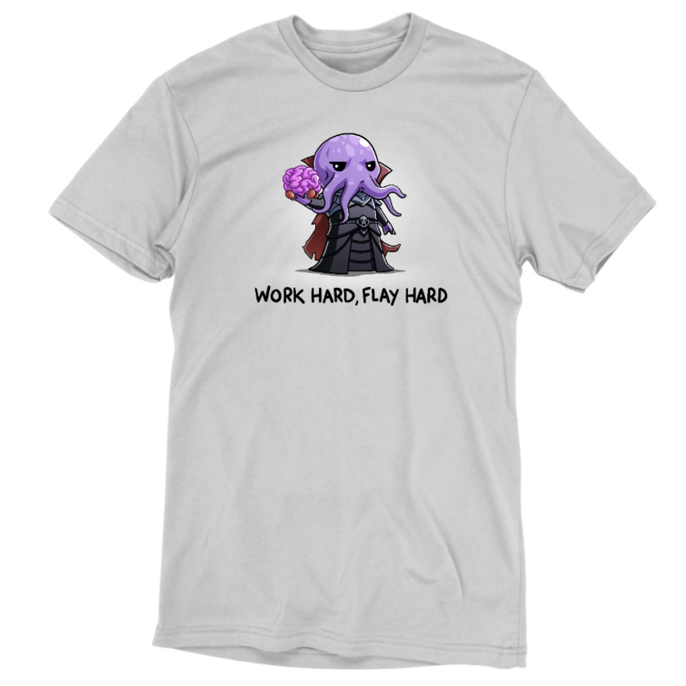 Premium Cotton T-shirt_TeeTurtle silver Premium Cotton T-shirt featuring a purple mind flayer holding a brain with the words "work hard, flay hard" underneath