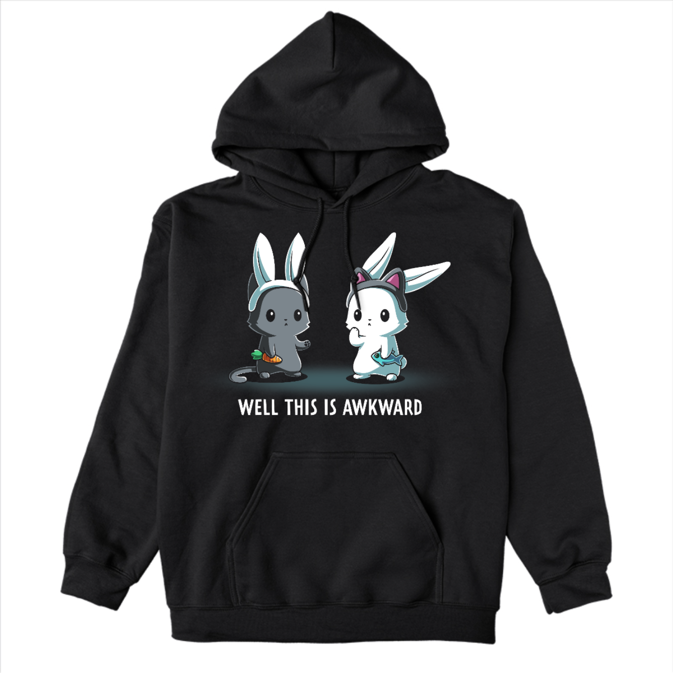 Pullover Hoodie_TeeTurtle black Well This Is Awkward Pullover Hoodie featuring a a cat in bunny ears holding a carrot and a bunny in cat ears holding a piece of fish. Both look unsettled. Text at the bottom reads "Well This Is Awkward"