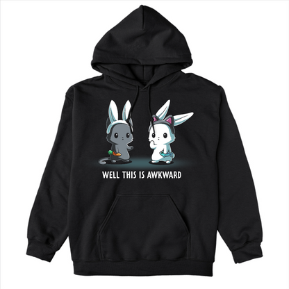 Pullover Hoodie_TeeTurtle black Well This Is Awkward Pullover Hoodie featuring a a cat in bunny ears holding a carrot and a bunny in cat ears holding a piece of fish. Both look unsettled. Text at the bottom reads "Well This Is Awkward"