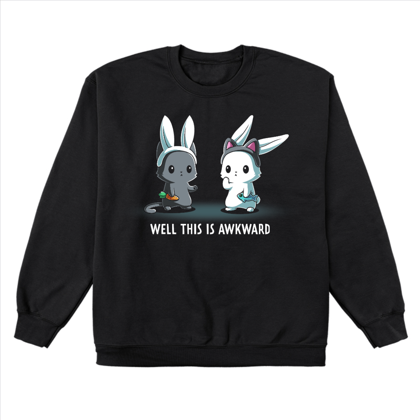Crew Neck Sweatshirt_TeeTurtle black Well This Is Awkward Crew Neck Sweatshirt featuring a a cat in bunny ears holding a carrot and a bunny in cat ears holding a piece of fish. Both look unsettled. Text at the bottom reads "Well This Is Awkward"