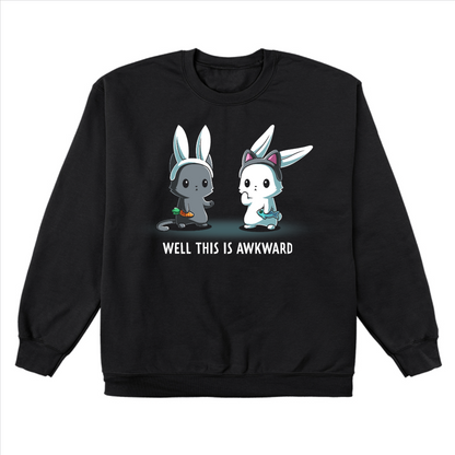 Crew Neck Sweatshirt_TeeTurtle black Well This Is Awkward Crew Neck Sweatshirt featuring a a cat in bunny ears holding a carrot and a bunny in cat ears holding a piece of fish. Both look unsettled. Text at the bottom reads "Well This Is Awkward"