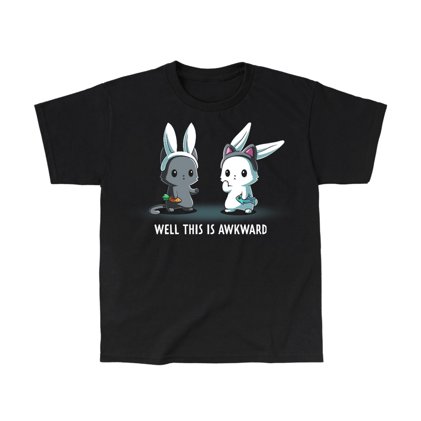 Classic Cotton T-shirt_TeeTurtle black Well This Is Awkward Classic Cotton T-shirt featuring a a cat in bunny ears holding a carrot and a bunny in cat ears holding a piece of fish. Both look unsettled. Text at the bottom reads "Well This Is Awkward"