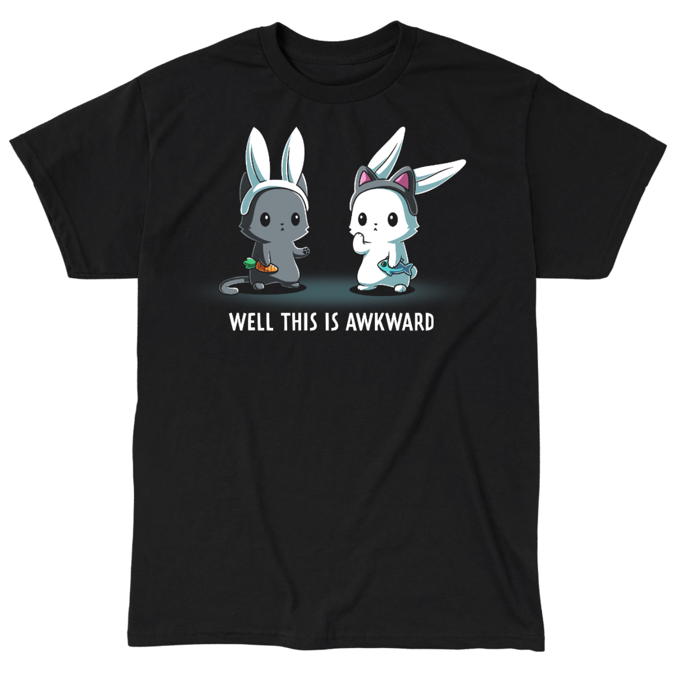 Classic Cotton T-shirt_TeeTurtle black Well This Is Awkward Classic Cotton T-shirt featuring a a cat in bunny ears holding a carrot and a bunny in cat ears holding a piece of fish. Both look unsettled. Text at the bottom reads "Well This Is Awkward"