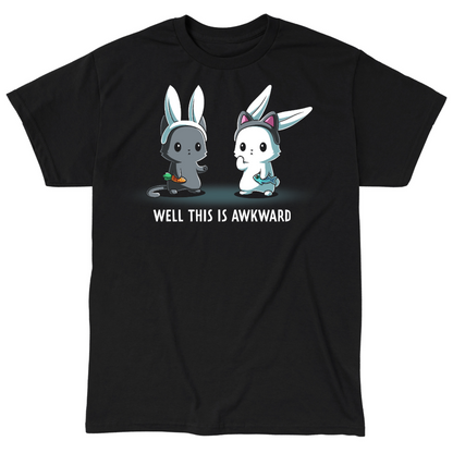 Classic Cotton T-shirt_TeeTurtle black Well This Is Awkward Classic Cotton T-shirt featuring a a cat in bunny ears holding a carrot and a bunny in cat ears holding a piece of fish. Both look unsettled. Text at the bottom reads "Well This Is Awkward"