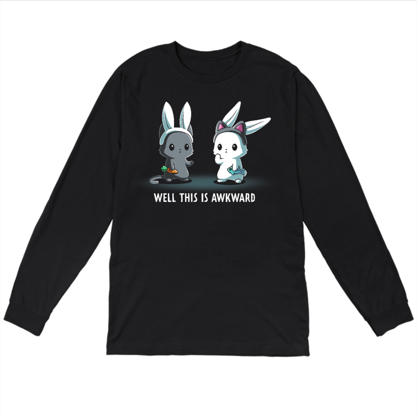 Long Sleeve T-shirt_TeeTurtle black Well This Is Awkward Long Sleeve T-shirt featuring a a cat in bunny ears holding a carrot and a bunny in cat ears holding a piece of fish. Both look unsettled. Text at the bottom reads "Well This Is Awkward"