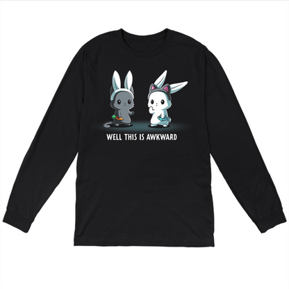 Long Sleeve T-shirt_TeeTurtle black Well This Is Awkward Long Sleeve T-shirt featuring a a cat in bunny ears holding a carrot and a bunny in cat ears holding a piece of fish. Both look unsettled. Text at the bottom reads "Well This Is Awkward"
