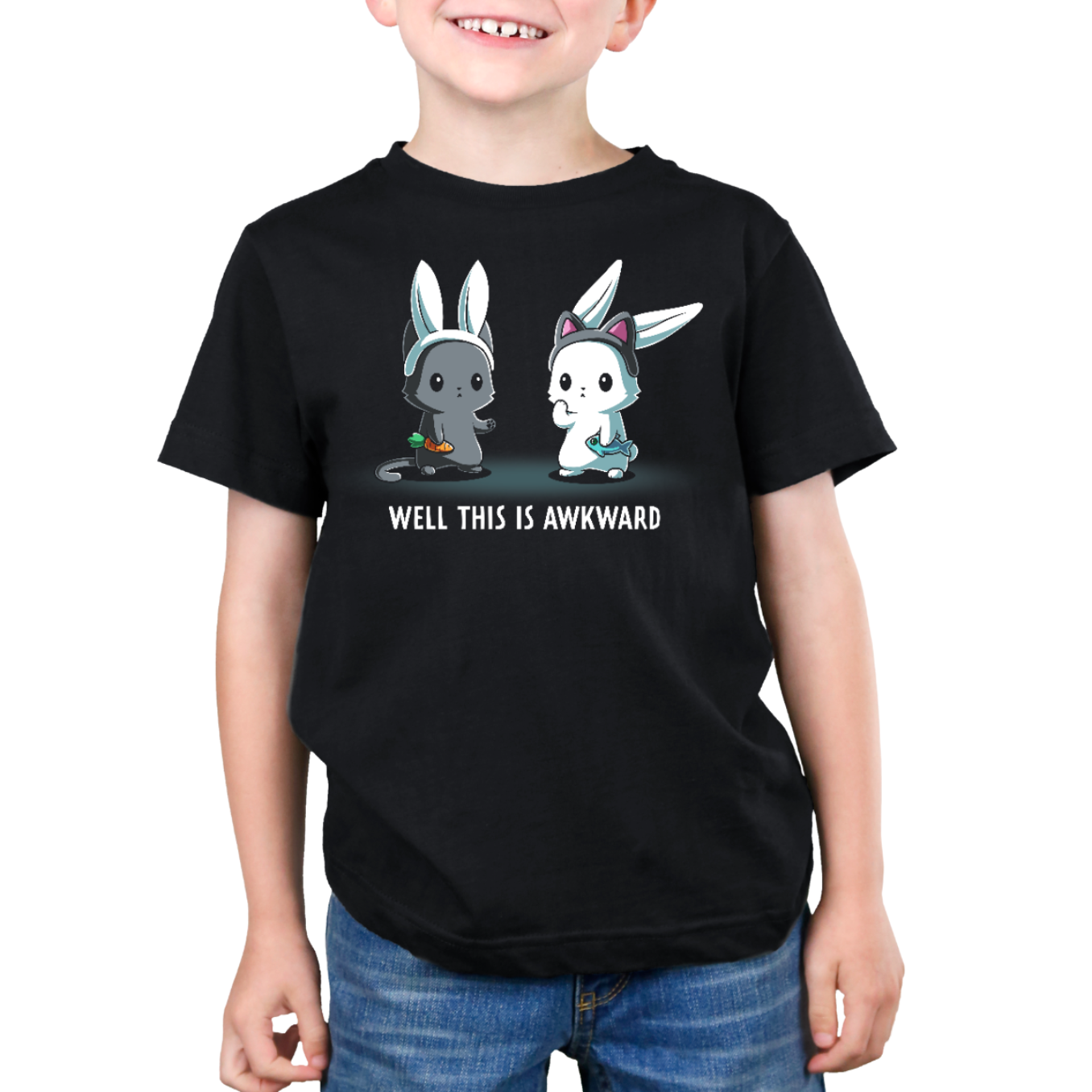Premium Cotton T-shirt_TeeTurtle black Well This Is Awkward Premium Cotton T-shirt featuring a a cat in bunny ears holding a carrot and a bunny in cat ears holding a piece of fish. Both look unsettled. Text at the bottom reads "Well This Is Awkward"