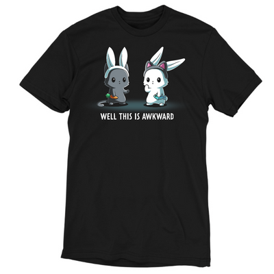 Premium Cotton T-shirt_TeeTurtle black Well This Is Awkward Premium Cotton T-shirt featuring a a cat in bunny ears holding a carrot and a bunny in cat ears holding a piece of fish. Both look unsettled. Text at the bottom reads "Well This Is Awkward"