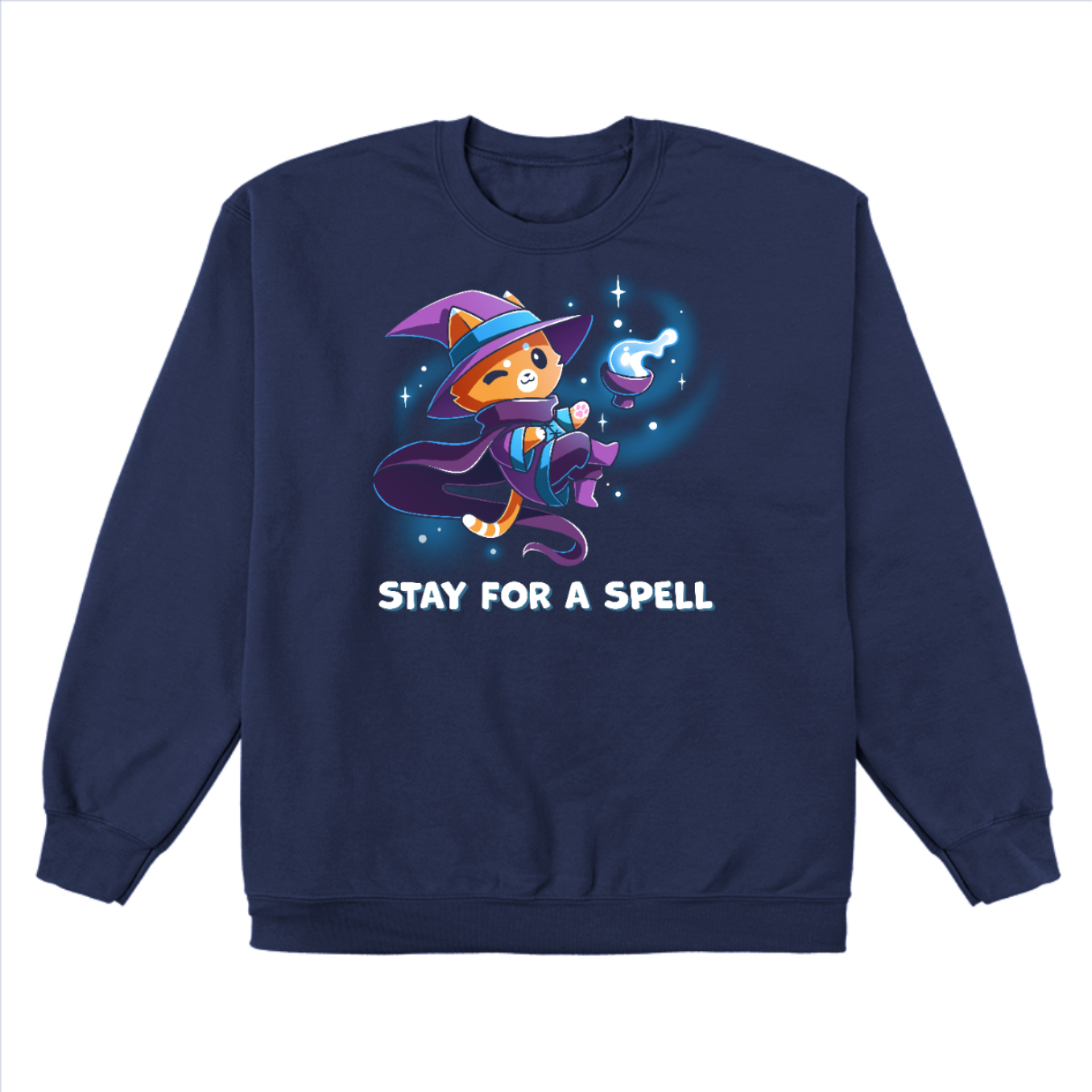 Crew Neck Sweatshirt_TeeTurtle navy Stay For A Spell Crew Neck Sweatshirt featuring an orange cat dressed as a witch, floating in space with a cauldron floating nearby. The cat is winking and the text at the bottom reads "Stay For A Spell" 