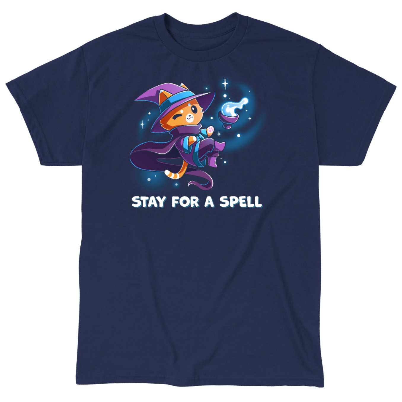 Classic Cotton T-shirt_TeeTurtle navy Stay For A Spell Classic Cotton T-shirt featuring an orange cat dressed as a witch, floating in space with a cauldron floating nearby. The cat is winking and the text at the bottom reads "Stay For A Spell" 