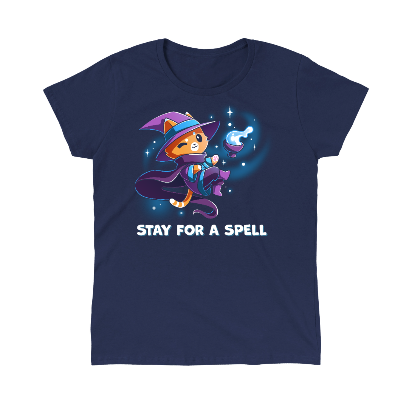 Classic Cotton T-shirt_TeeTurtle navy Stay For A Spell Classic Cotton T-shirt featuring an orange cat dressed as a witch, floating in space with a cauldron floating nearby. The cat is winking and the text at the bottom reads "Stay For A Spell" 