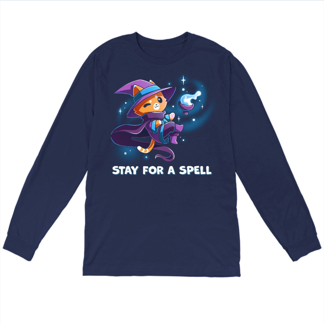 Long Sleeve T-shirt_TeeTurtle navy Stay For A Spell Long Sleeve T-shirt featuring an orange cat dressed as a witch, floating in space with a cauldron floating nearby. The cat is winking and the text at the bottom reads "Stay For A Spell" 