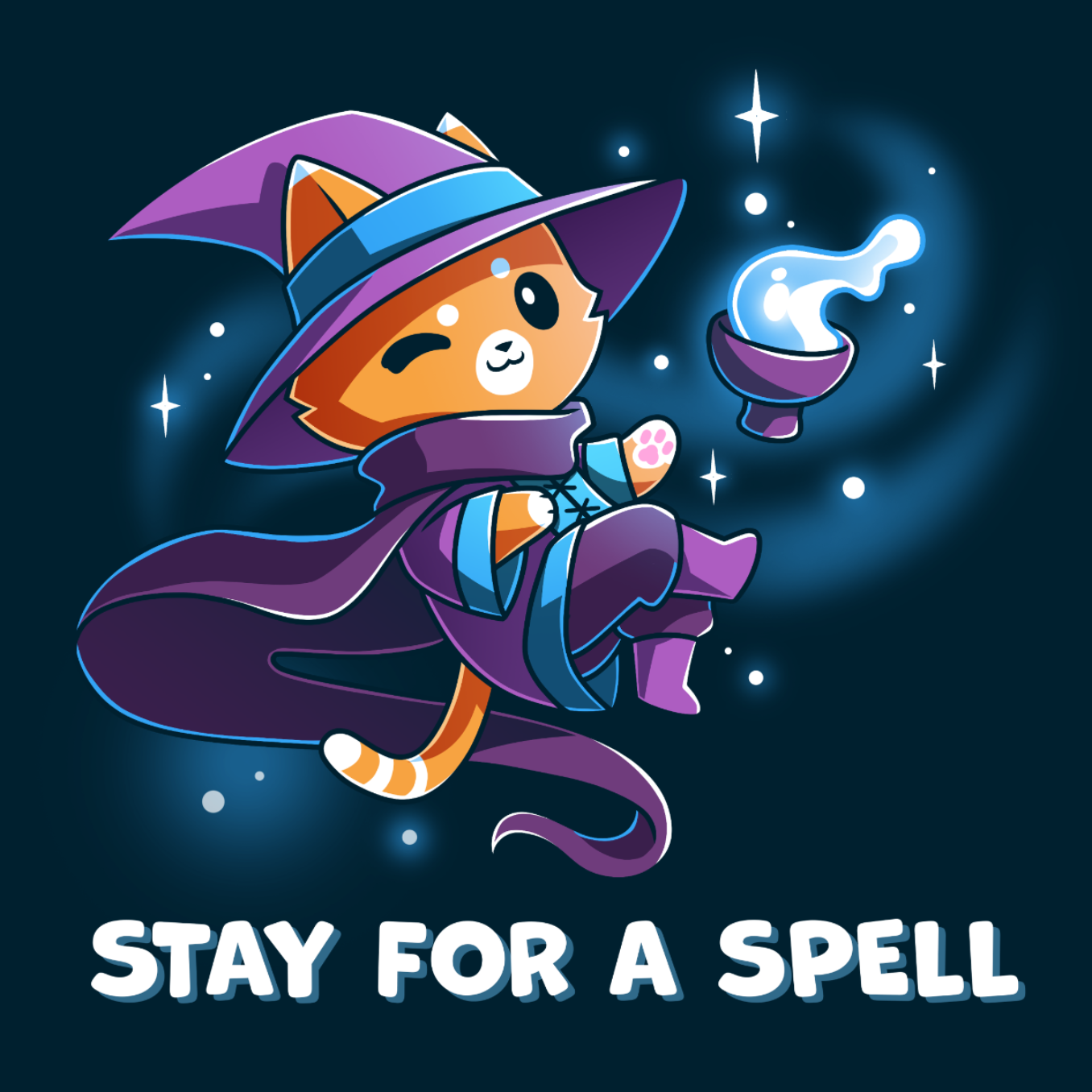 Premium Cotton T-shirt_TeeTurtle navy Stay For A Spell Premium Cotton T-shirt featuring an orange cat dressed as a witch, floating in space with a cauldron floating nearby. The cat is winking and the text at the bottom reads "Stay For A Spell" 