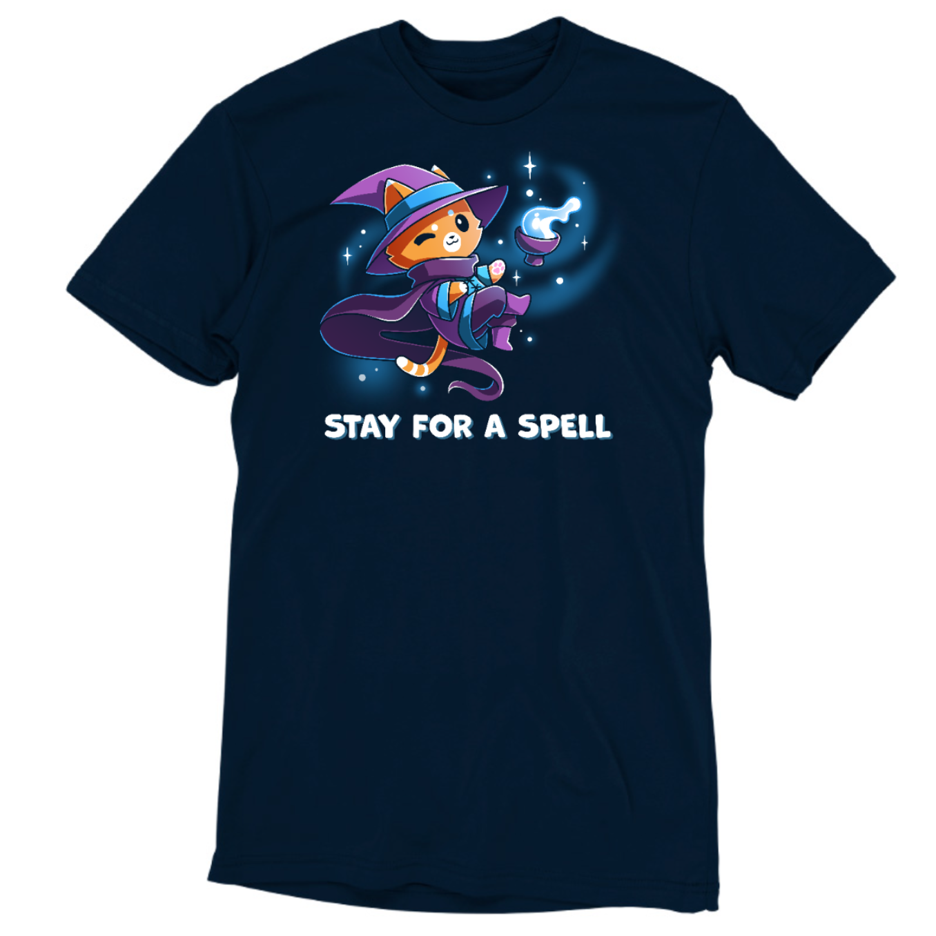 Premium Cotton T-shirt_TeeTurtle navy Stay For A Spell Premium Cotton T-shirt featuring an orange cat dressed as a witch, floating in space with a cauldron floating nearby. The cat is winking and the text at the bottom reads "Stay For A Spell" 