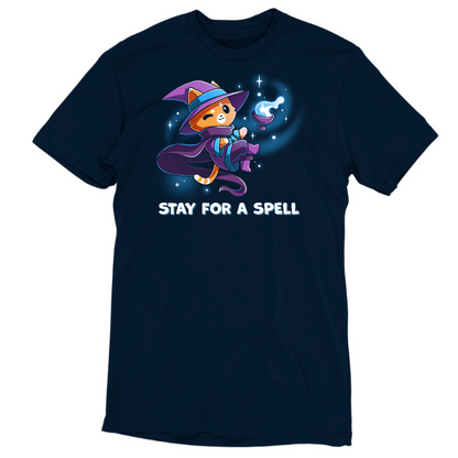 Premium Cotton T-shirt_TeeTurtle navy Stay For A Spell Premium Cotton T-shirt featuring an orange cat dressed as a witch, floating in space with a cauldron floating nearby. The cat is winking and the text at the bottom reads "Stay For A Spell" 
