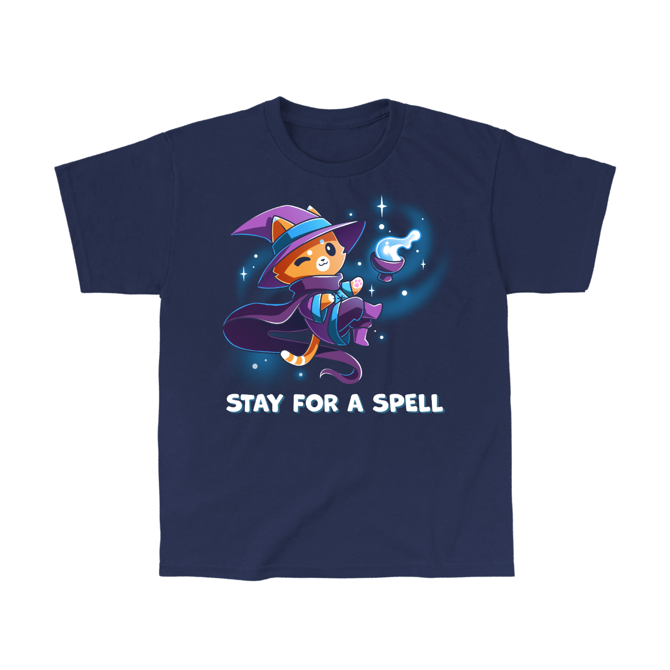 Classic Cotton T-shirt_TeeTurtle navy Stay For A Spell Classic Cotton T-shirt featuring an orange cat dressed as a witch, floating in space with a cauldron floating nearby. The cat is winking and the text at the bottom reads "Stay For A Spell" 
