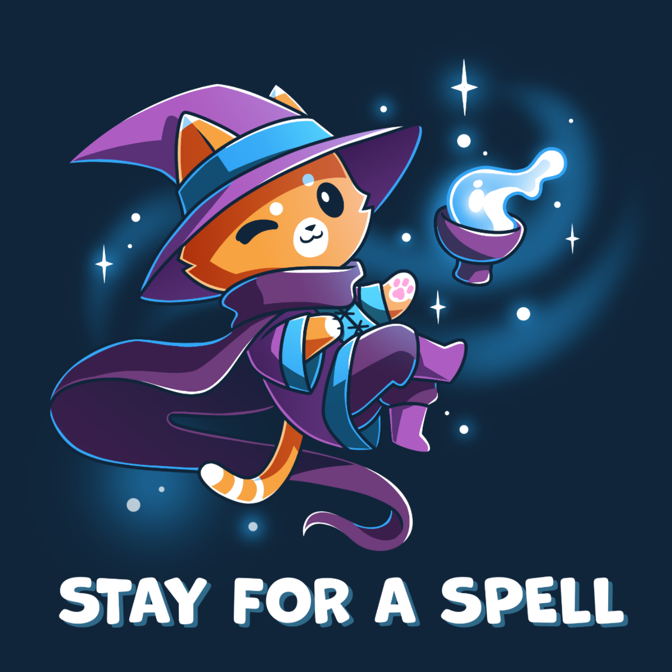 Pullover Hoodie_TeeTurtle navy Stay For A Spell Pullover Hoodie featuring an orange cat dressed as a witch, floating in space with a cauldron floating nearby. The cat is winking and the text at the bottom reads "Stay For A Spell" 