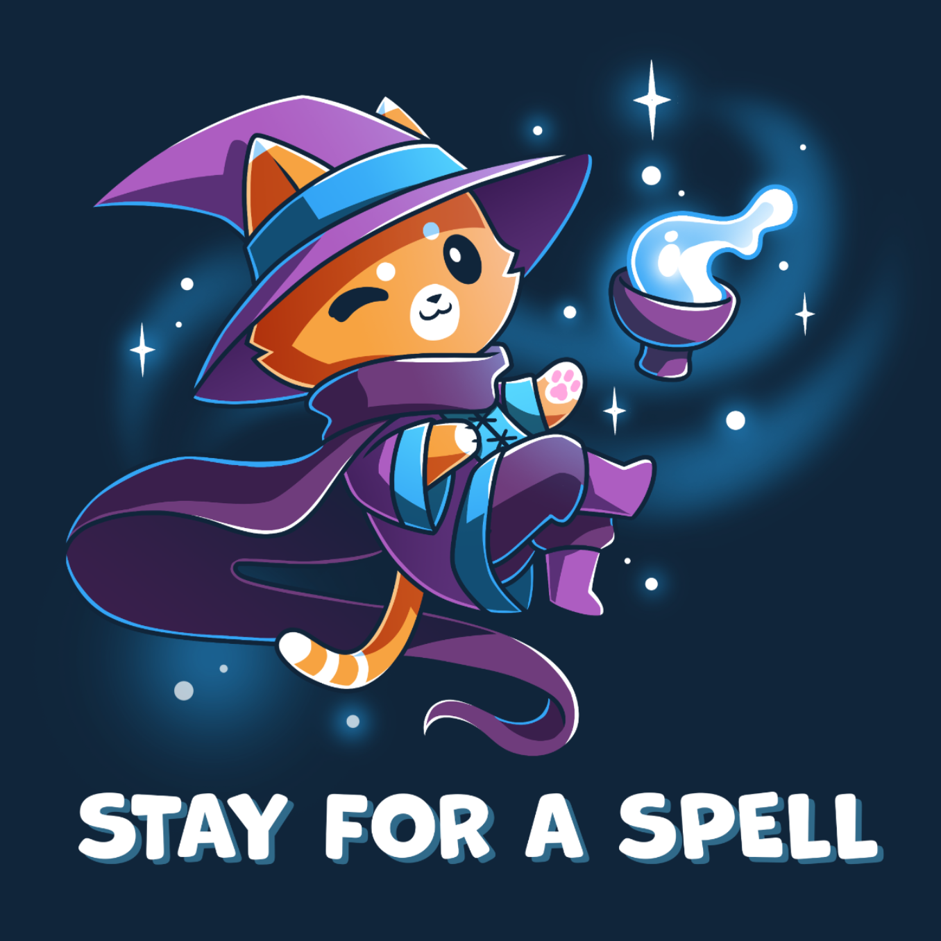 Crew Neck Sweatshirt_TeeTurtle navy Stay For A Spell Crew Neck Sweatshirt featuring an orange cat dressed as a witch, floating in space with a cauldron floating nearby. The cat is winking and the text at the bottom reads "Stay For A Spell" 