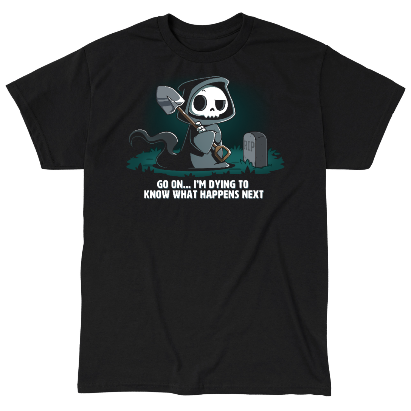 Classic Cotton T-shirt_TeeTurtle black Dying to Know What Happens Next Classic Cotton T-shirt featuring a grim reaper with crossed arms, a raised eyebrow and a shovel near a gravestone and the text "Go On... I'm Dying to Know What Happens Next" below it. 