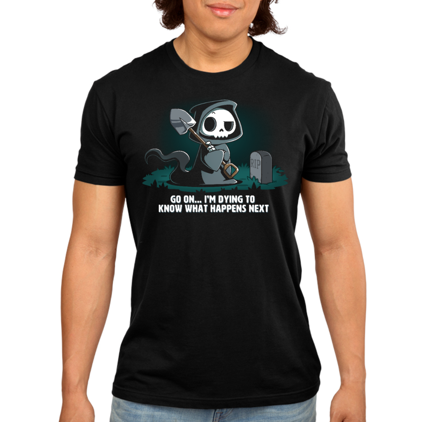 Premium Cotton T-shirt_TeeTurtle black Dying to Know What Happens Next Premium Cotton T-shirt featuring a grim reaper with crossed arms, a raised eyebrow and a shovel near a gravestone and the text "Go On... I'm Dying to Know What Happens Next" below it. 