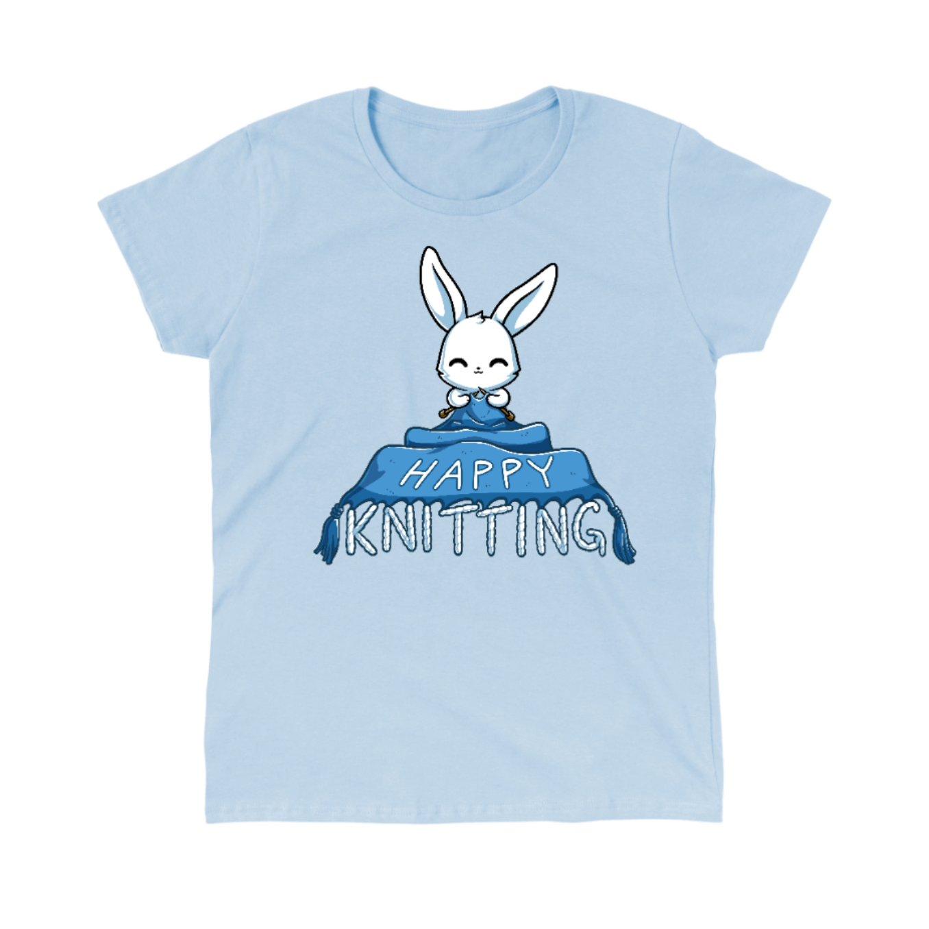 Classic Cotton T-shirt_TeeTurtle light blue Happy Knitting apparel featuring a bunny knitting a large blue blanket whose tassels end in the knitted words, “Happy Knitting“.