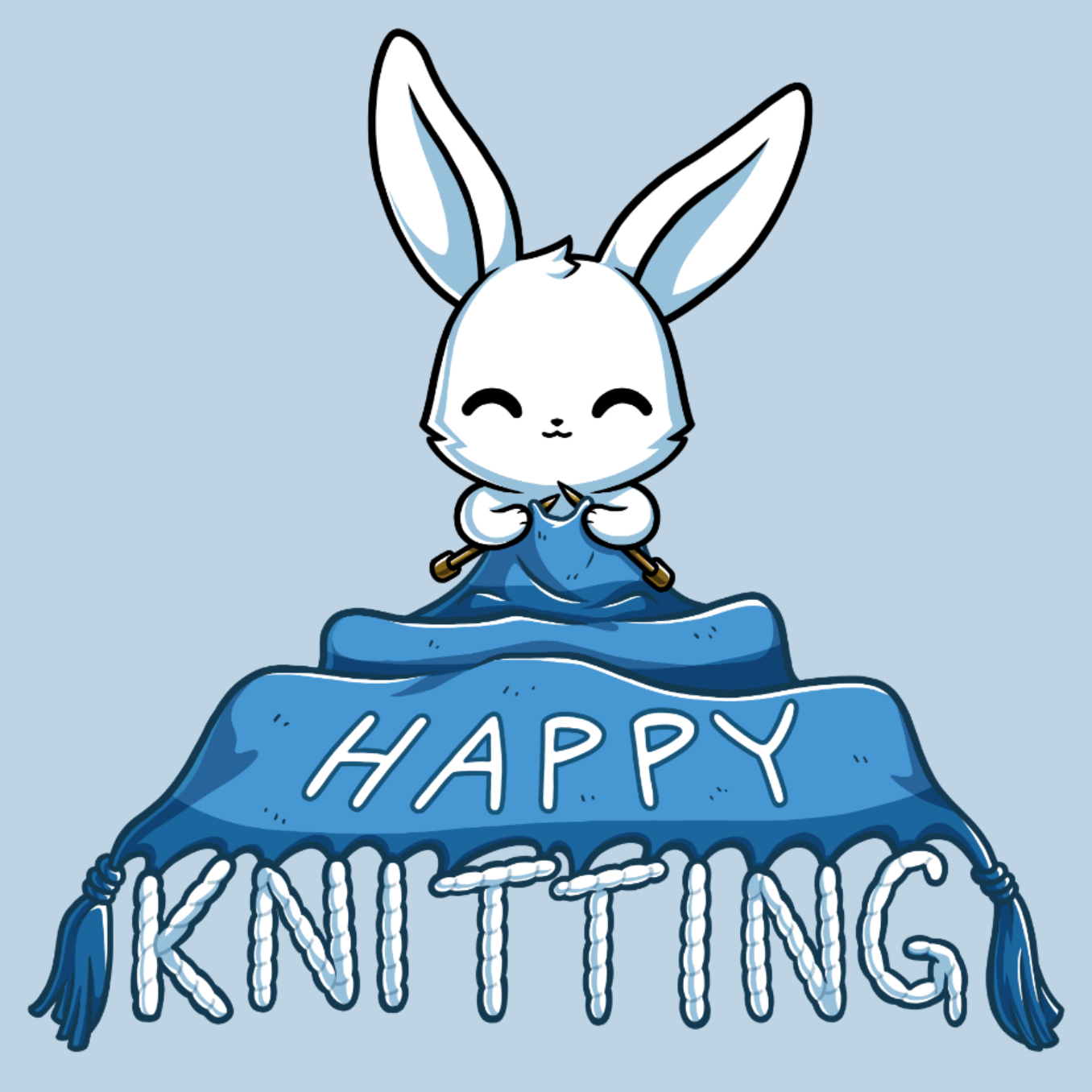 Classic Cotton T-shirt_TeeTurtle light blue Happy Knitting apparel featuring a bunny knitting a large blue blanket whose tassels end in the knitted words, “Happy Knitting“.