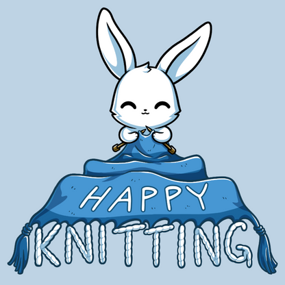 Classic Cotton T-shirt_TeeTurtle light blue Happy Knitting apparel featuring a bunny knitting a large blue blanket whose tassels end in the knitted words, “Happy Knitting“.