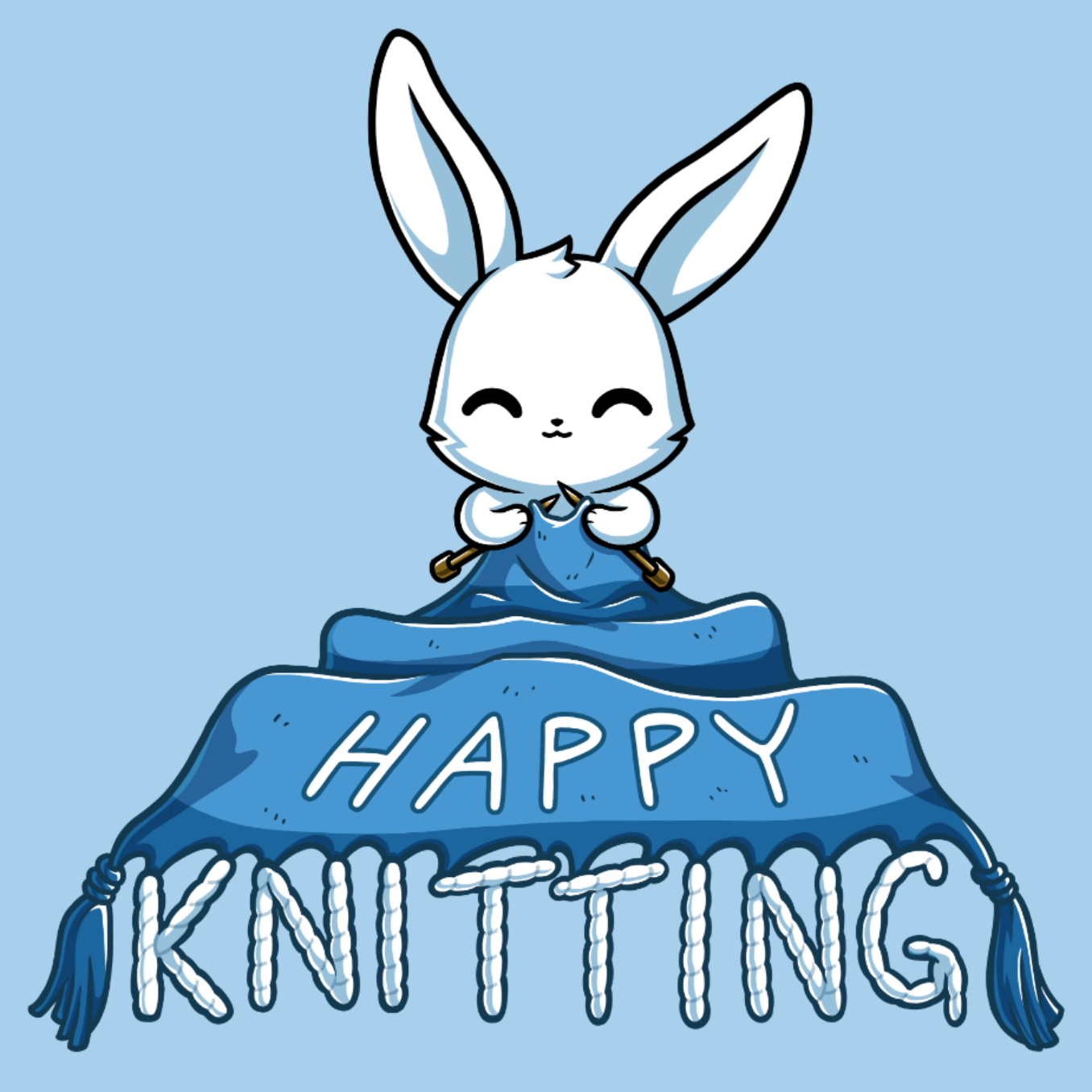 Premium Cotton T-shirt_TeeTurtle light blue Happy Knitting apparel featuring a bunny knitting a large blue blanket whose tassels end in the knitted words, “Happy Knitting“.