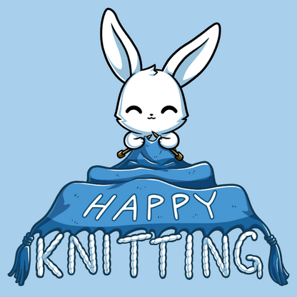 Premium Cotton T-shirt_TeeTurtle light blue Happy Knitting apparel featuring a bunny knitting a large blue blanket whose tassels end in the knitted words, “Happy Knitting“.