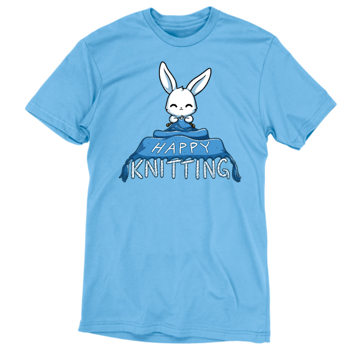 Premium Cotton T-shirt_TeeTurtle light blue Happy Knitting apparel featuring a bunny knitting a large blue blanket whose tassels end in the knitted words, “Happy Knitting“.