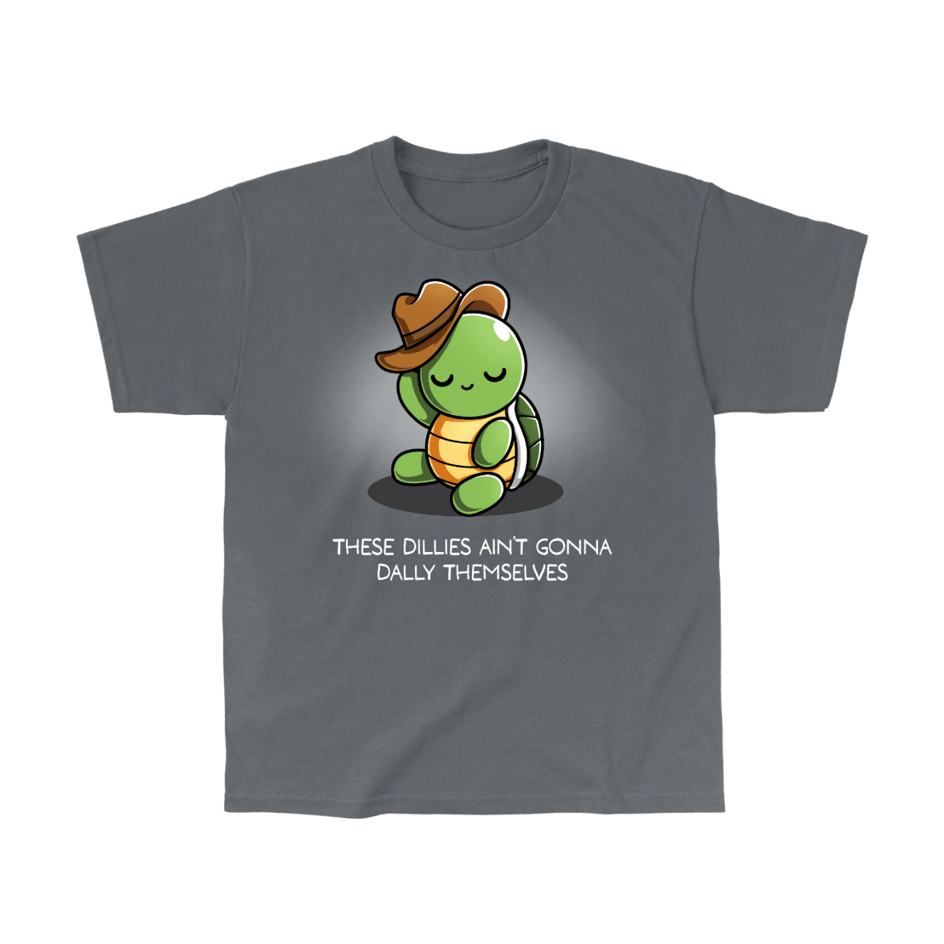 Classic Cotton T-shirt_TeeTurtle charcoal Dilly Dallyin' Classic Cotton T-shirt featuring a happy, chill turtle wearing a cowboy hat that they are tipping, with the caption "These dillies ain't gonna dally themselves"