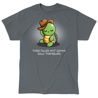 Classic Cotton T-shirt_TeeTurtle charcoal Dilly Dallyin' Classic Cotton T-shirt featuring a happy, chill turtle wearing a cowboy hat that they are tipping, with the caption "These dillies ain't gonna dally themselves"