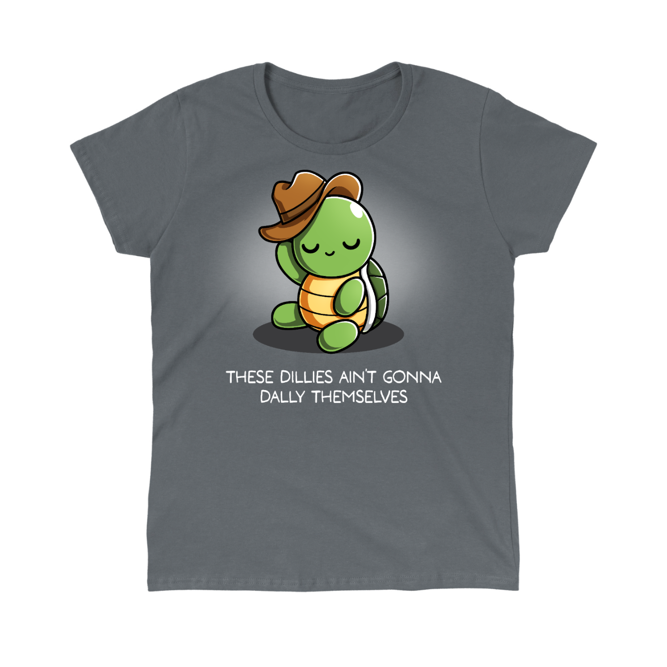 Classic Cotton T-shirt_TeeTurtle charcoal Dilly Dallyin' Classic Cotton T-shirt featuring a happy, chill turtle wearing a cowboy hat that they are tipping, with the caption "These dillies ain't gonna dally themselves"