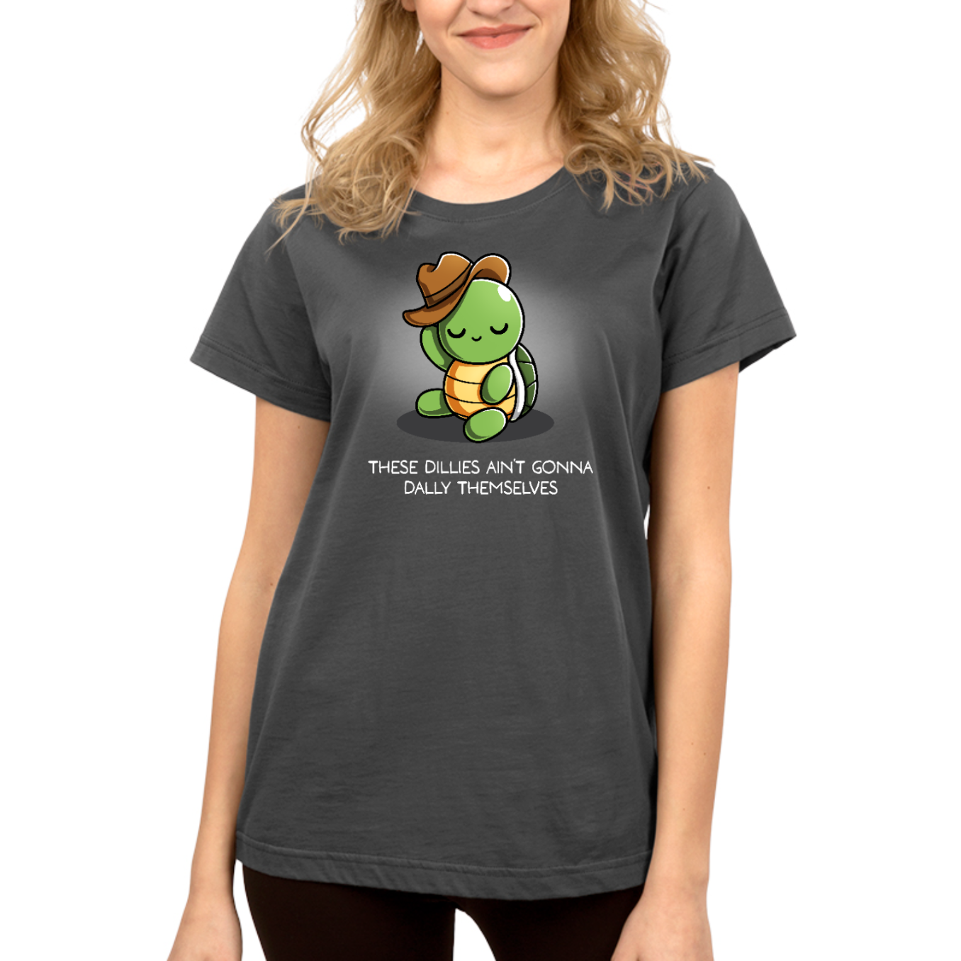 Premium Cotton T-shirt_TeeTurtle charcoal Dilly Dallyin' Premium Cotton T-shirt featuring a happy, chill turtle wearing a cowboy hat that they are tipping, with the caption "These dillies ain't gonna dally themselves"