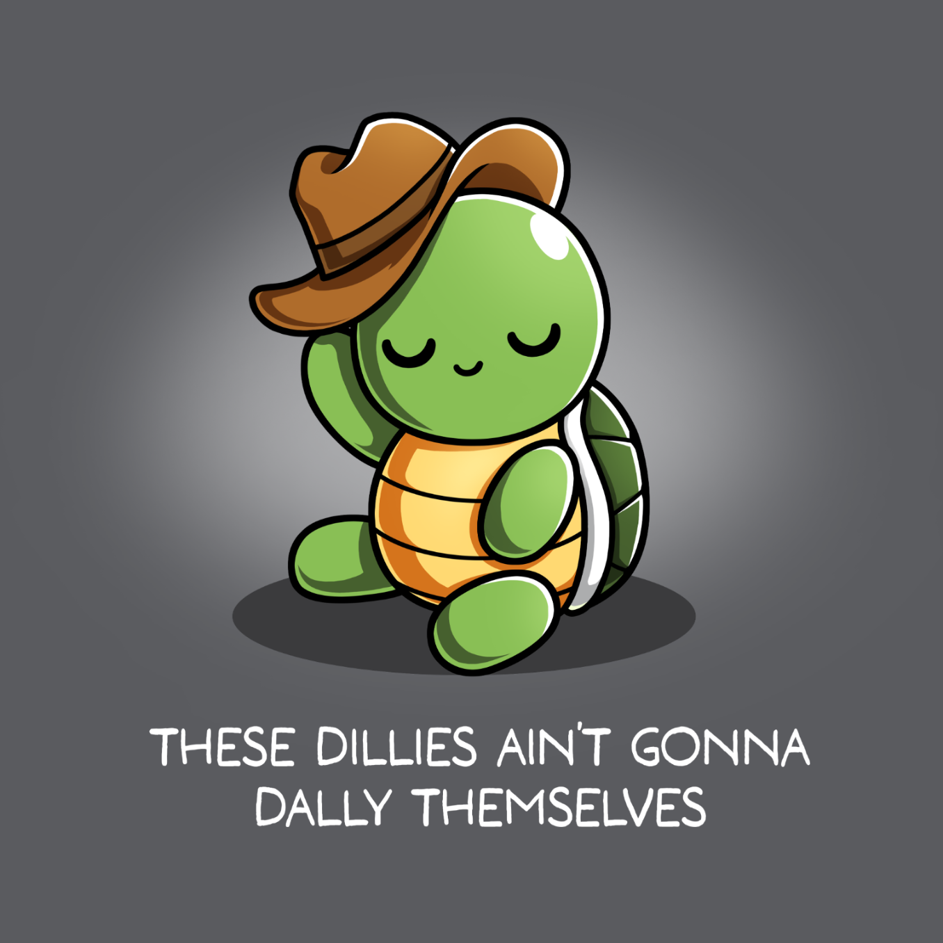 Classic Cotton T-shirt_TeeTurtle charcoal Dilly Dallyin' Classic Cotton T-shirt featuring a happy, chill turtle wearing a cowboy hat that they are tipping, with the caption "These dillies ain't gonna dally themselves"