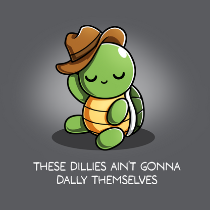 Classic Cotton T-shirt_TeeTurtle charcoal Dilly Dallyin' Classic Cotton T-shirt featuring a happy, chill turtle wearing a cowboy hat that they are tipping, with the caption "These dillies ain't gonna dally themselves"