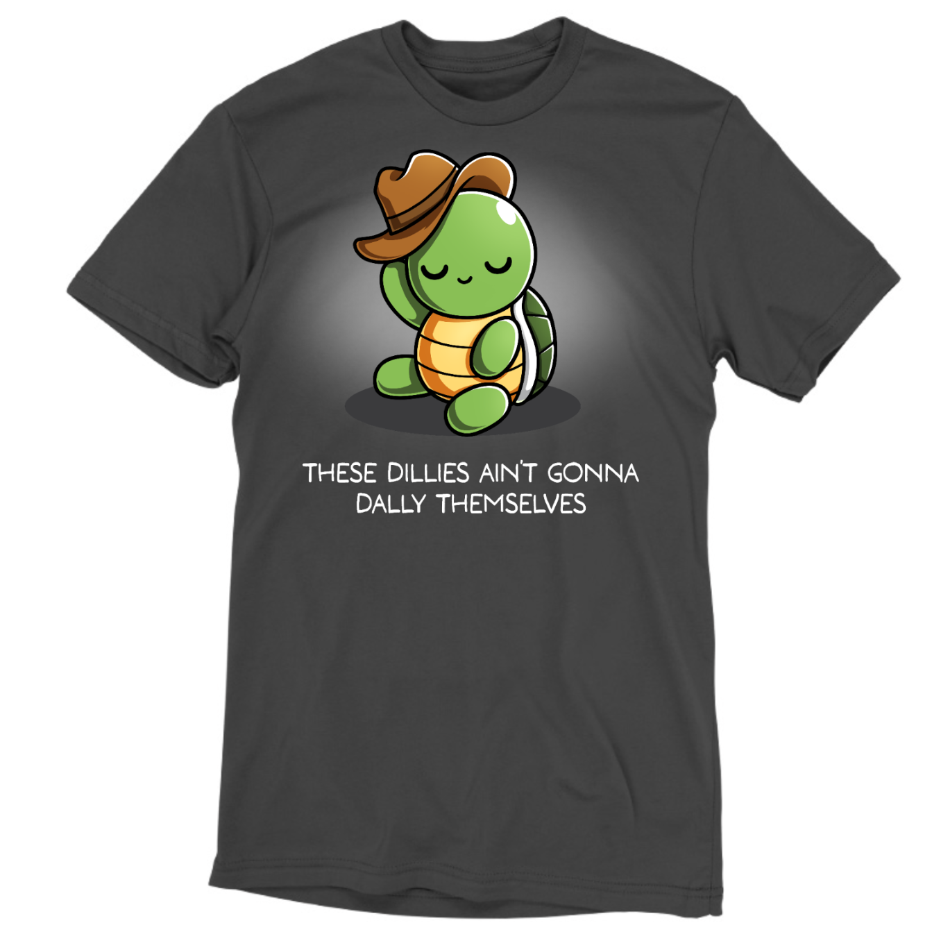 Premium Cotton T-shirt_TeeTurtle charcoal Dilly Dallyin' Premium Cotton T-shirt featuring a happy, chill turtle wearing a cowboy hat that they are tipping, with the caption "These dillies ain't gonna dally themselves"